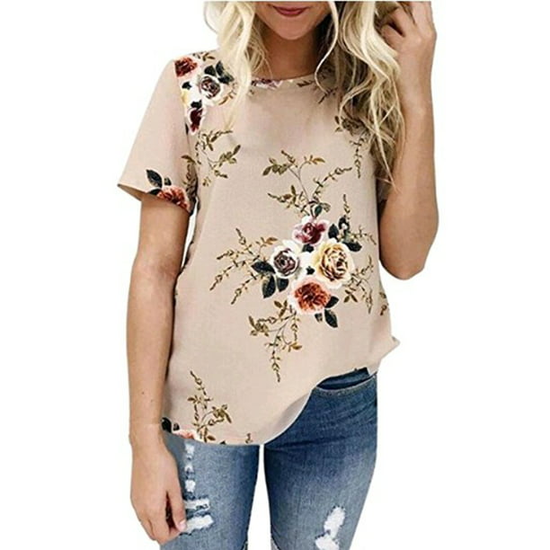Teresamoon Womens Casual Floral Print Short Sleeve Cute Summer Tops T-Shirt Blouse 